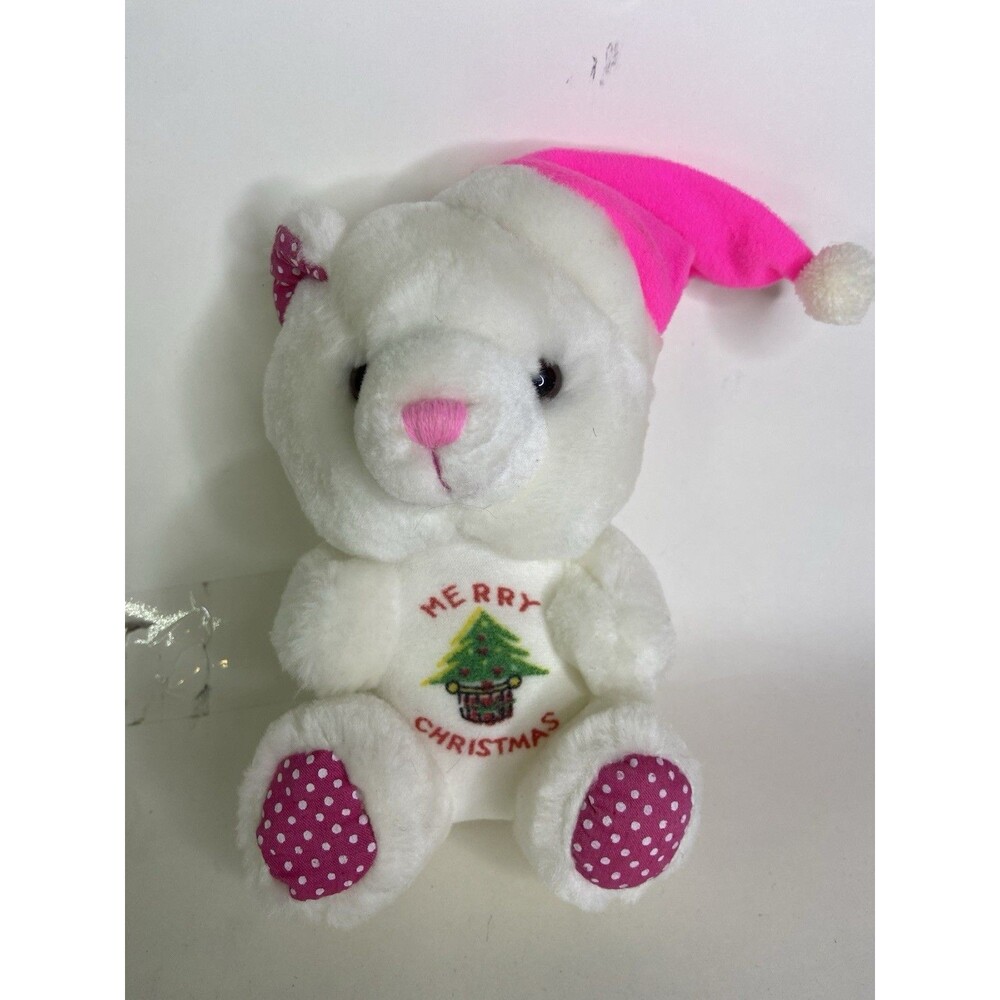 Vintage Acme Merry Christmas Plush Bear Stuffed Animal Toy White Pink